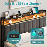 Full Bed Frame with Storage, Upholstered Bed Frame with LED Lights Headboard and 2 Drawers, Full Size Bed Frame with Charging Station, Noise-Free, No Box Spring Needed, Easy Assembly, Grey