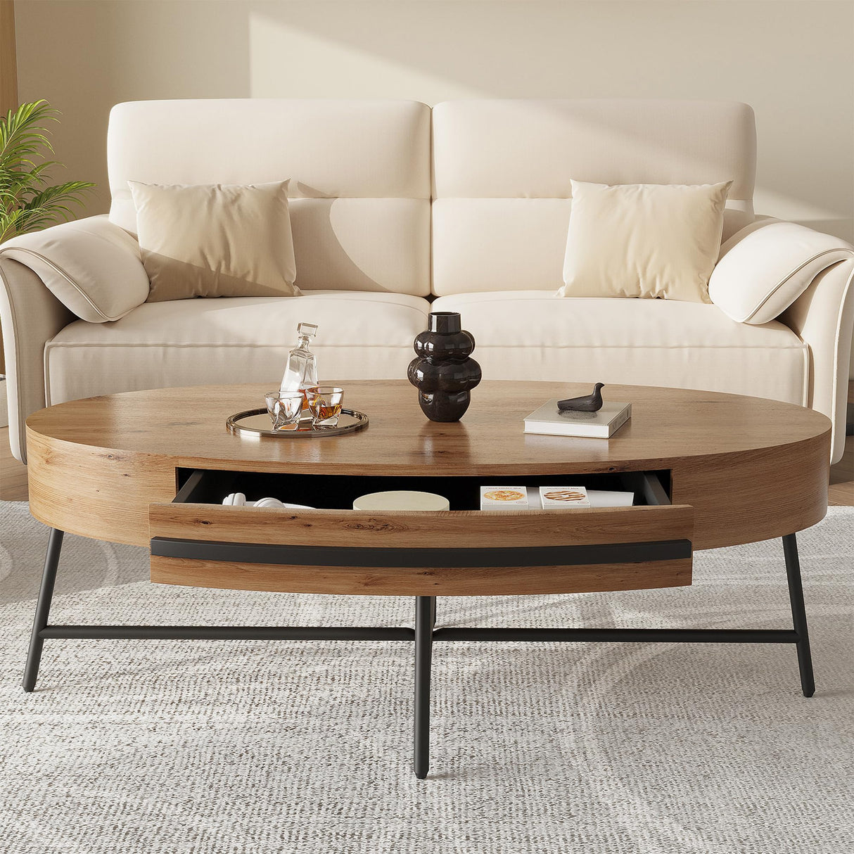 Oval Coffee Table with Drawer Mid-Century Modern Center Table 47.2“ Wooden Coffee