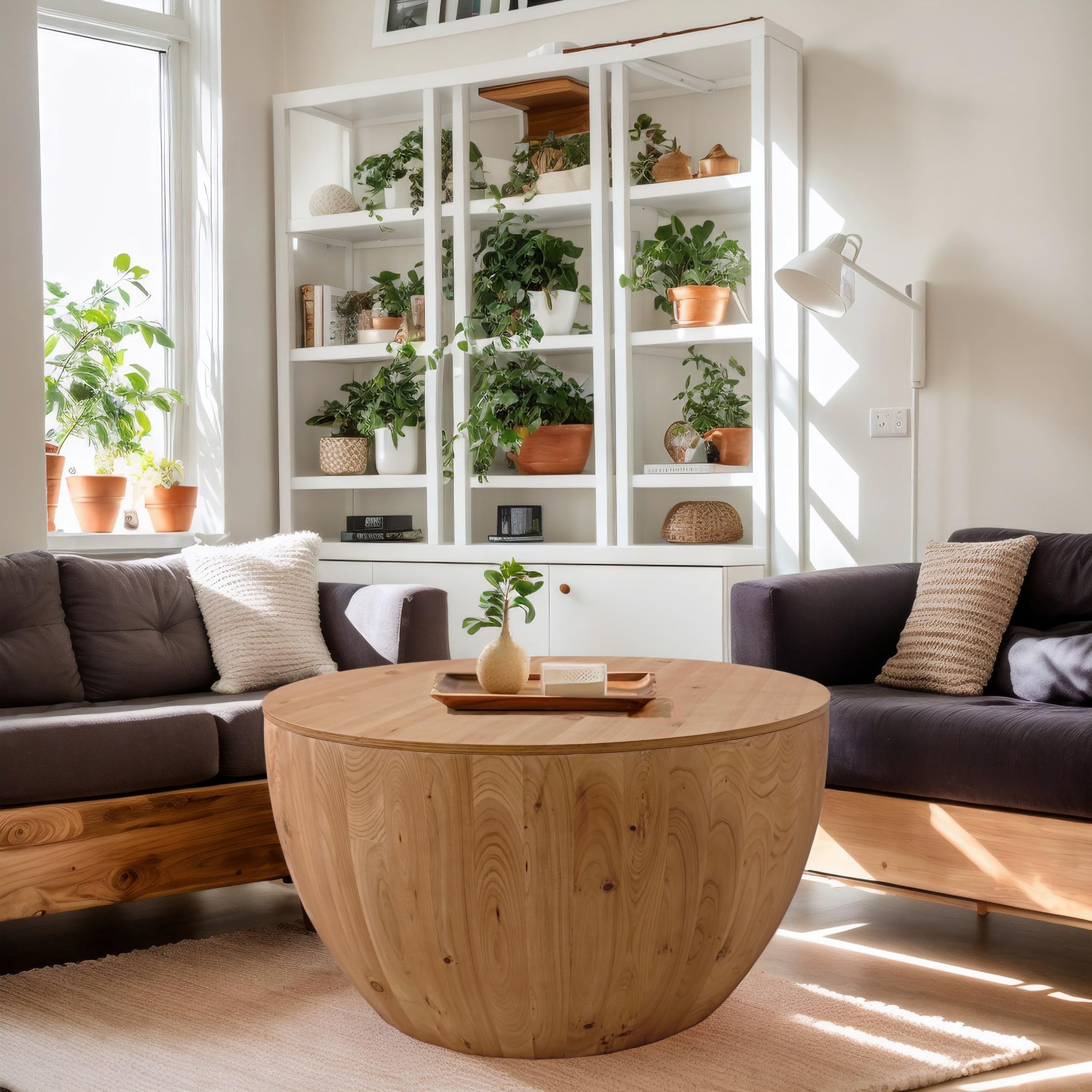 Vintage Wood Drum Coffee Table, Wood Round Coffee Table