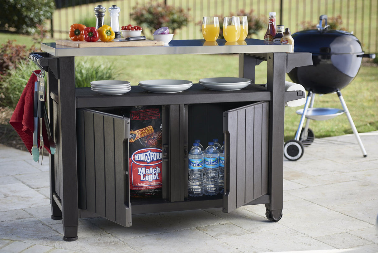 Unity XL Outdoor Kitchen Rolling Bar Cart with Storage Cabinet, Brown