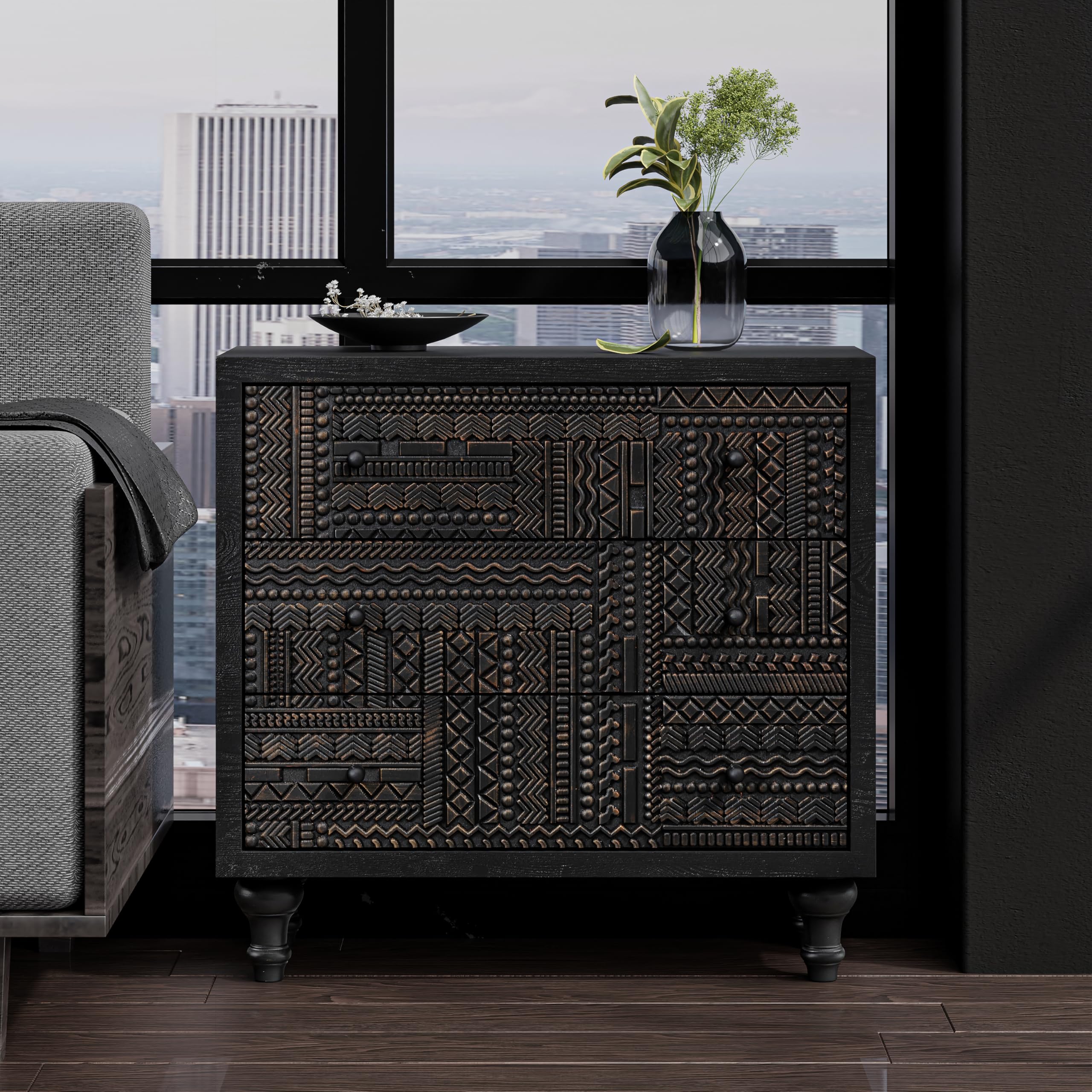 3 Drawer Farmhouse Dresser with Geometric Carved Pattern, Vintage Accent Wood Storage