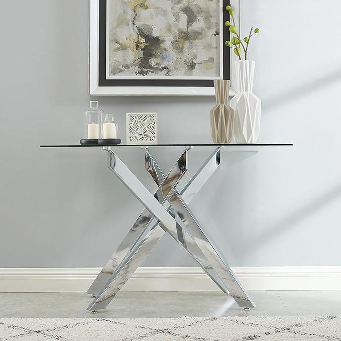 Modern Style Console Table Narrow Sofa Table with Tempered Glass Top