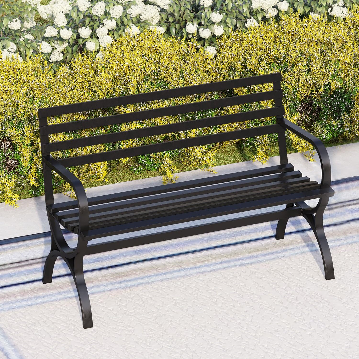 Outdoor Garden Bench, 48” Long Metal Steel Bench with Backrest and Armrests