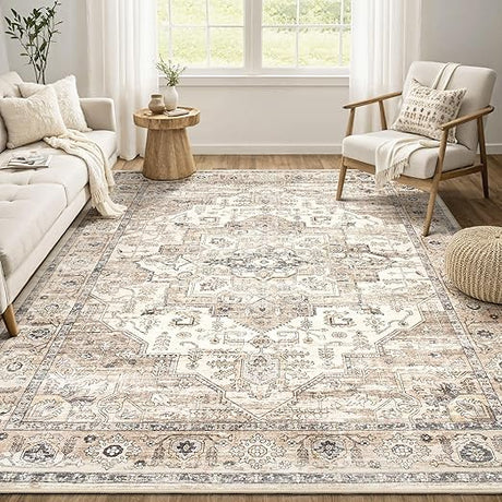 Washable Vintage Area Rug 9x12 - Soft Traditional Rug for Living Room