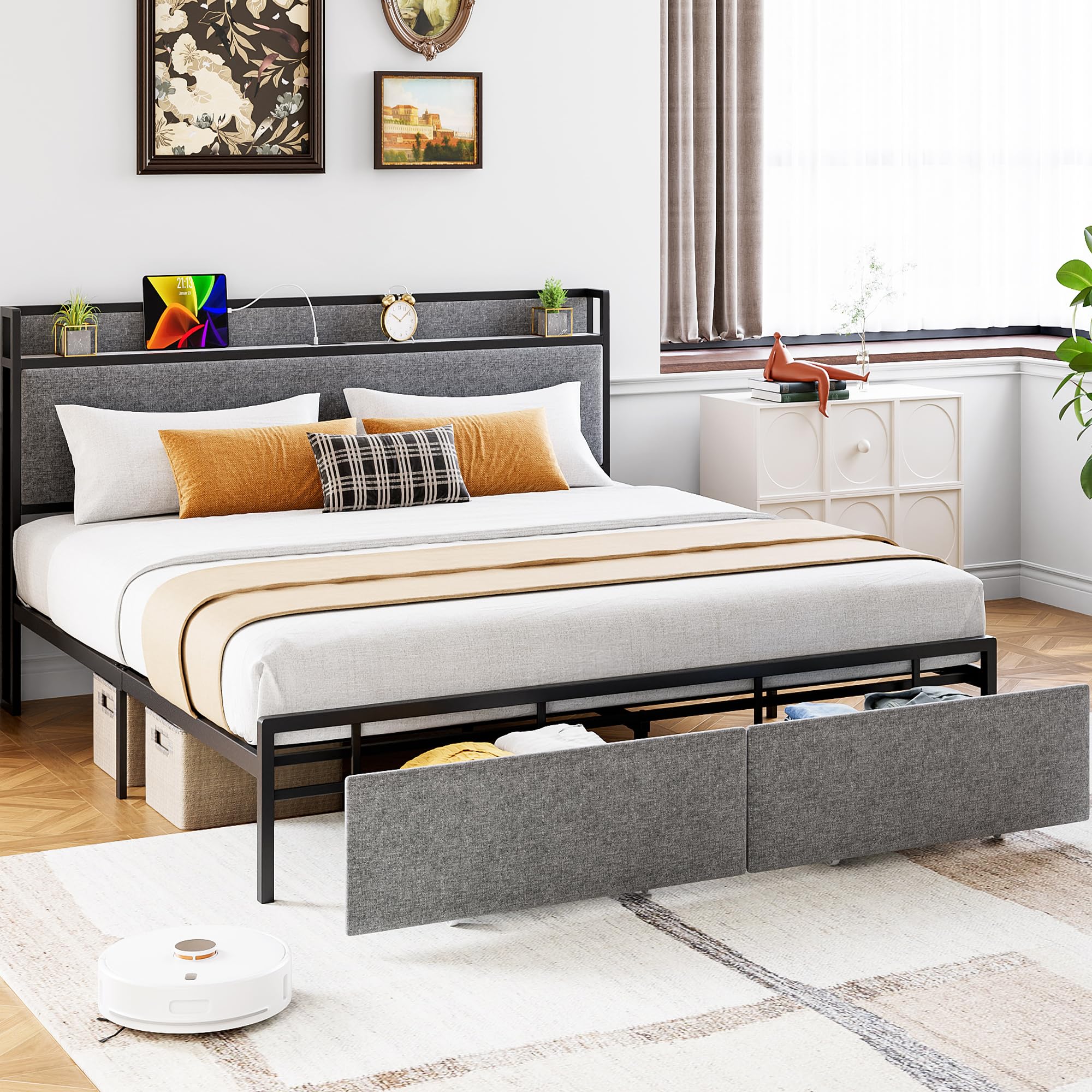 King Size Bed Frame with 2 Drawers and Shelf Headboard, Charging Station