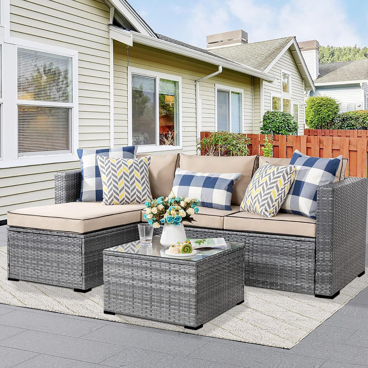 3 Pieces Patio Furniture Set,All-Weather Rattan Patio Conversation Set