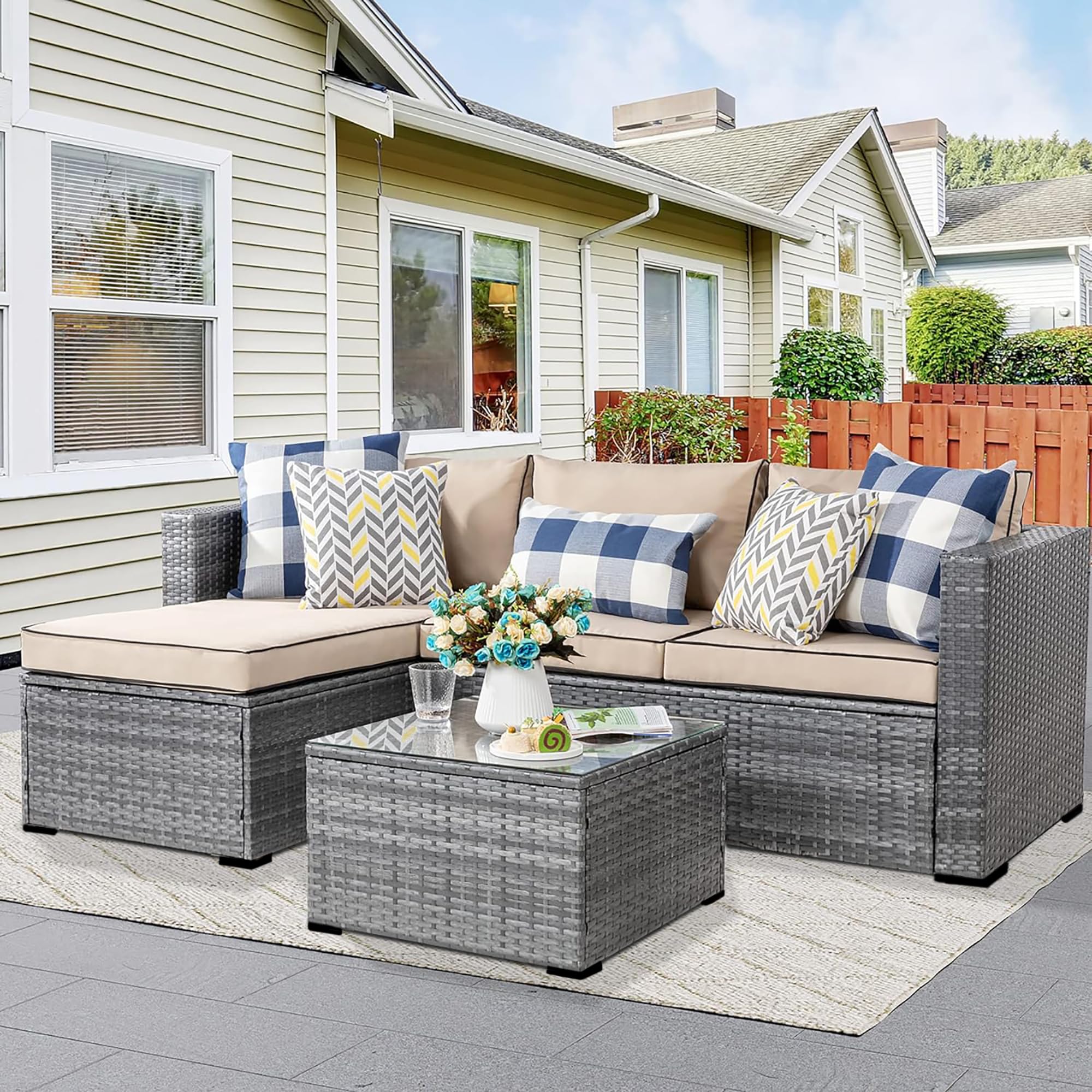3 Pieces Patio Furniture Set,All-Weather Rattan Patio Conversation Set