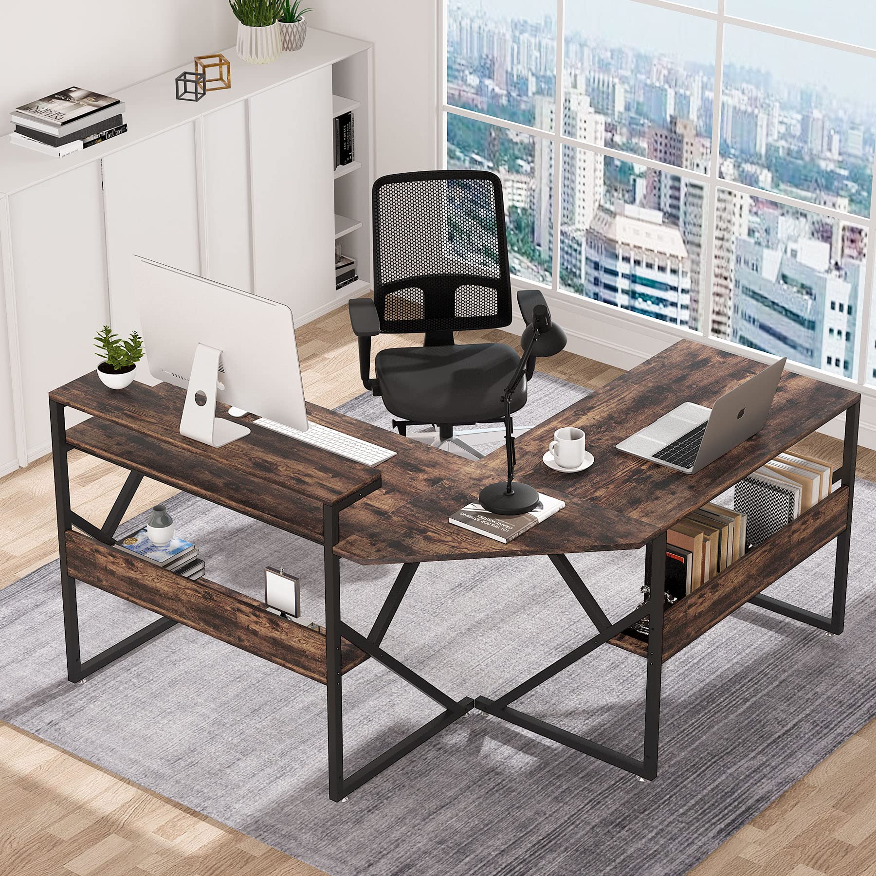 L Shaped Desk with Storage Shelves, 63 inch Industrial Corner Computer Desk