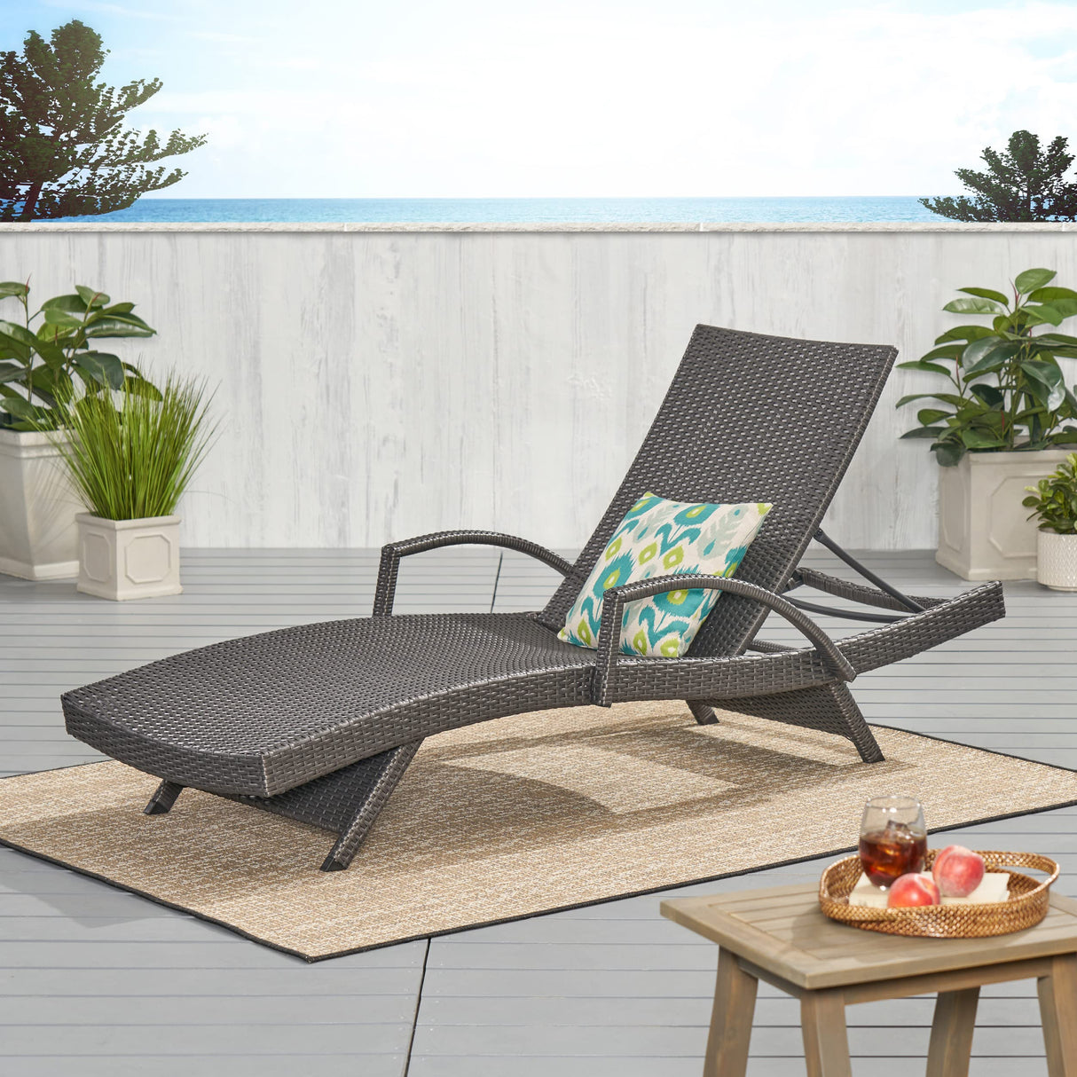 Outdoor Wicker Armed Chaise Lounge, Grey