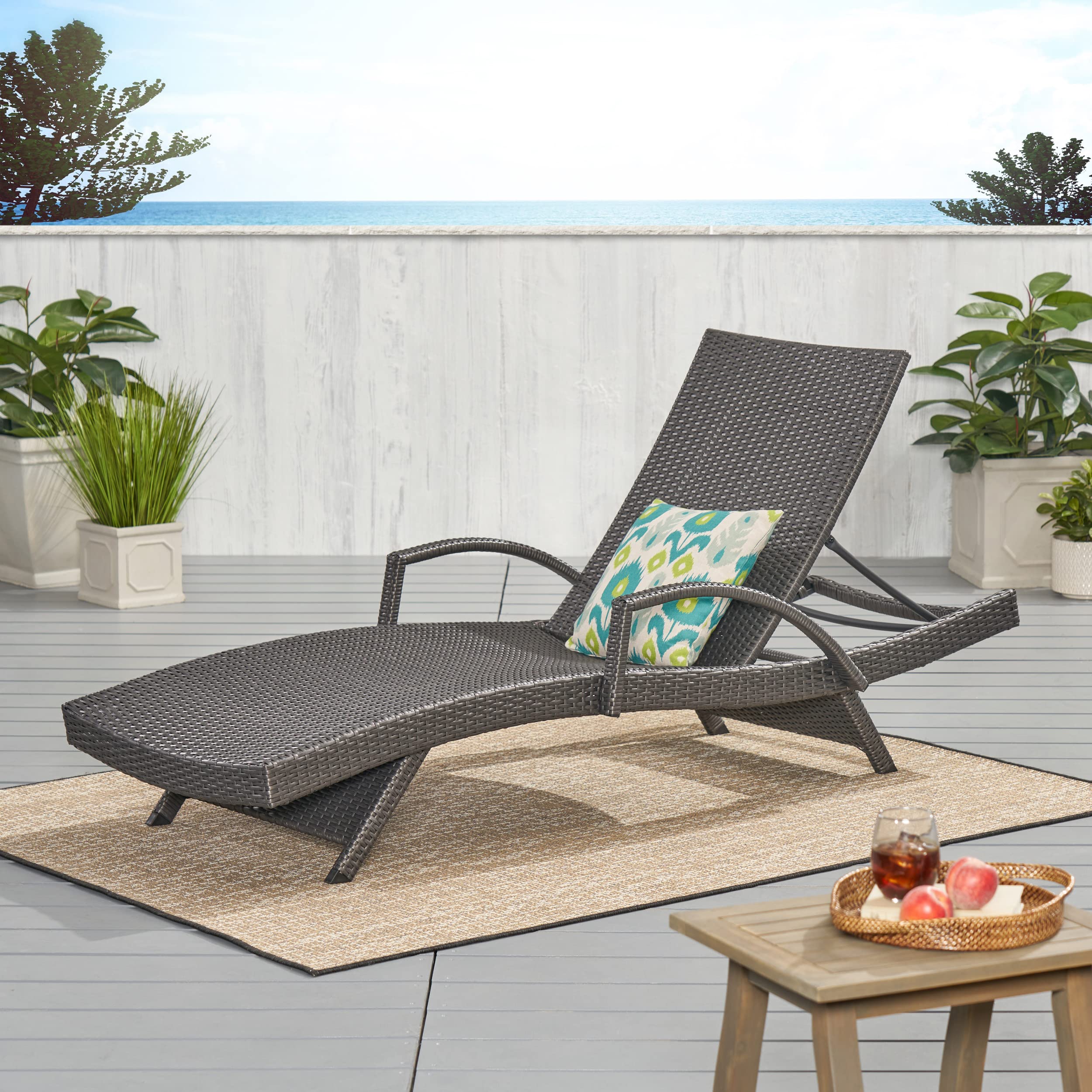 Outdoor Wicker Armed Chaise Lounge, Grey