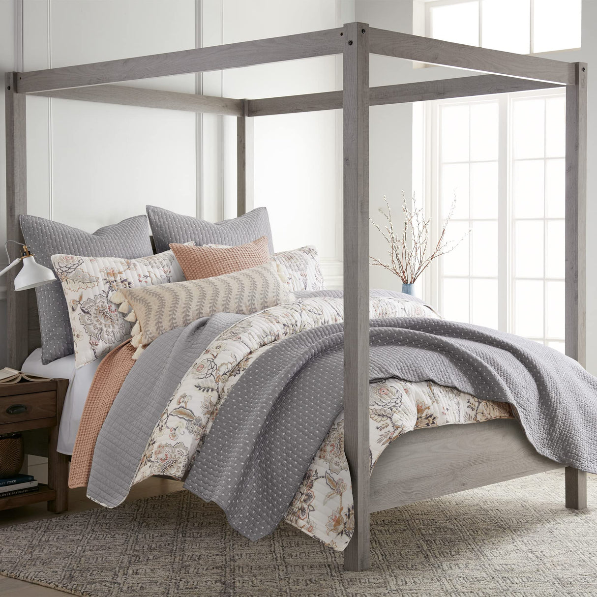 Ophelia Quilt Set - Full/Queen Quilt and Two Standard Shams - Floral - Taupe Grey Cream Blush