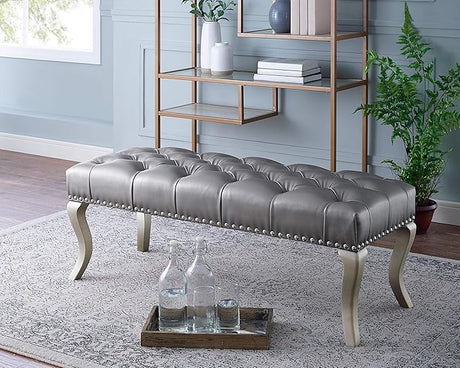 Decor Maxem Tufted Fabric Upholstered Seat with Nailhead Trim Bench, Gray