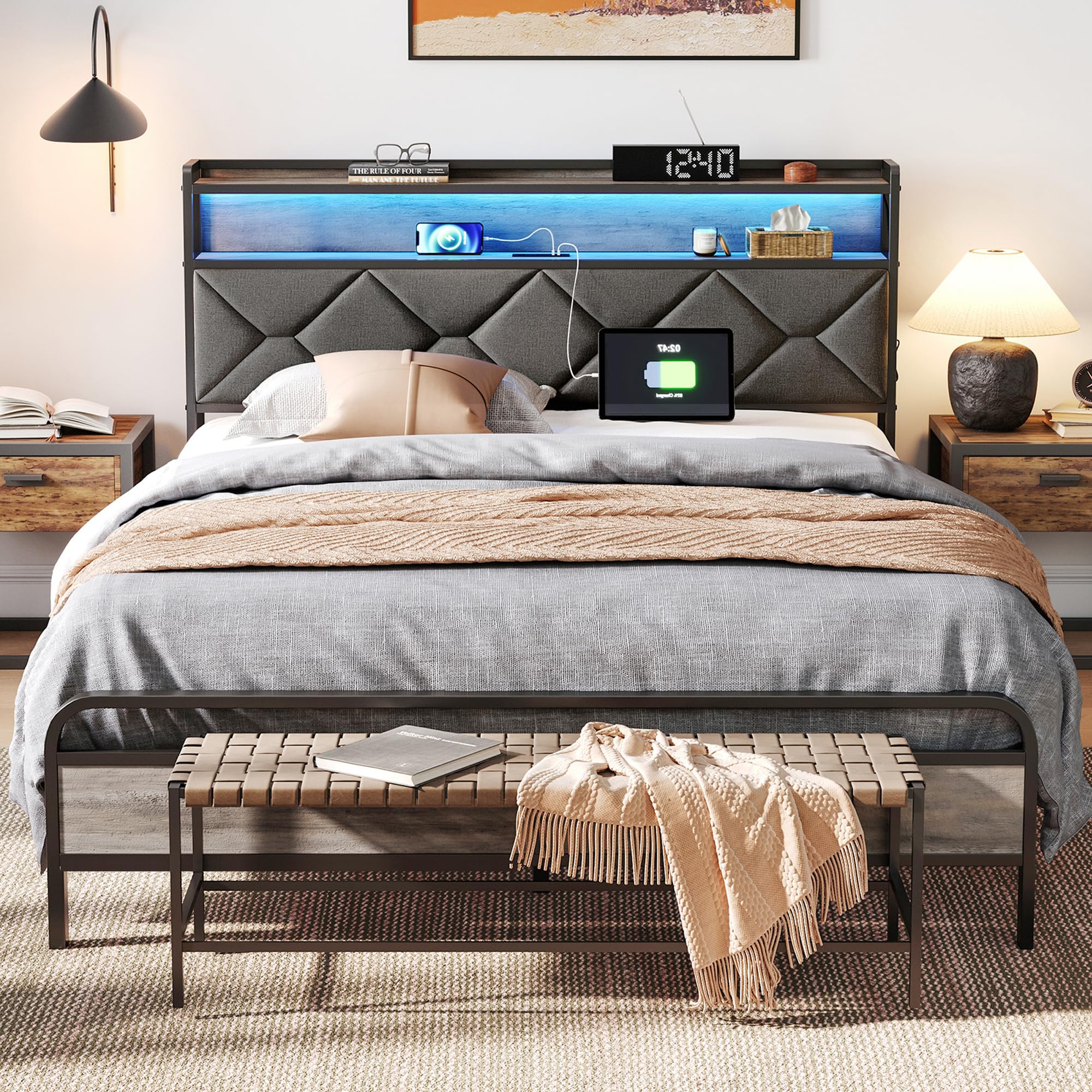 LINSY Full Bed Frame with Storage Headboard, Upholstered Platform Frame with LED and Charging Station, Metal Full Size Bed Frames, No Box Spring Needed, Easy Assembly, Rustic Grey