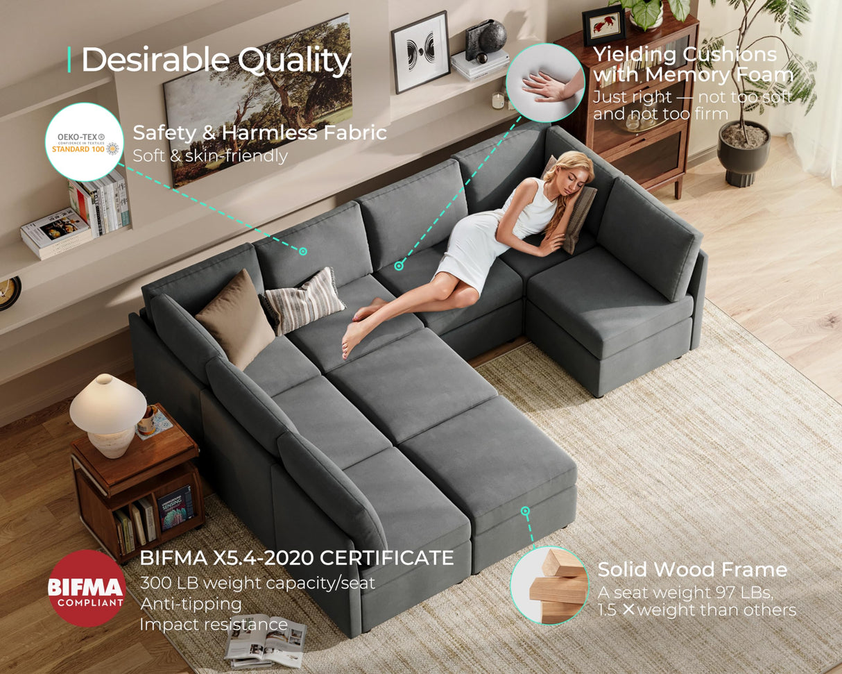 Sectional Sleeper Sofa, Modular Couch with Memory Foam, Storage Under