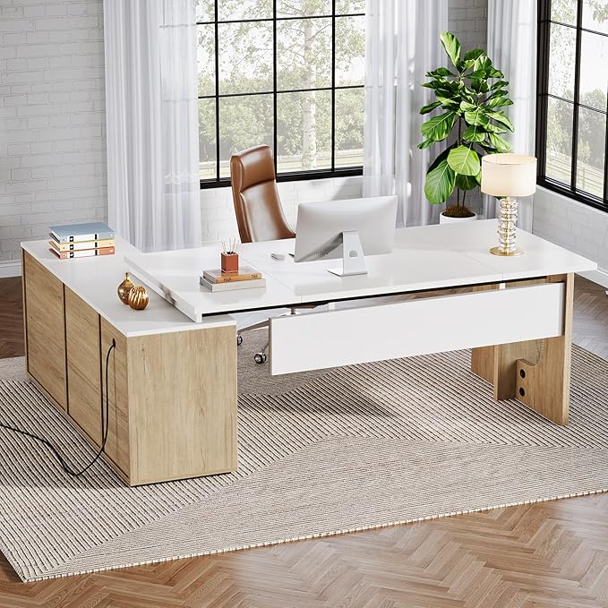 74.8" Executive Desk, Large Office Desk with Cabinet, L Shaped Computer Desk