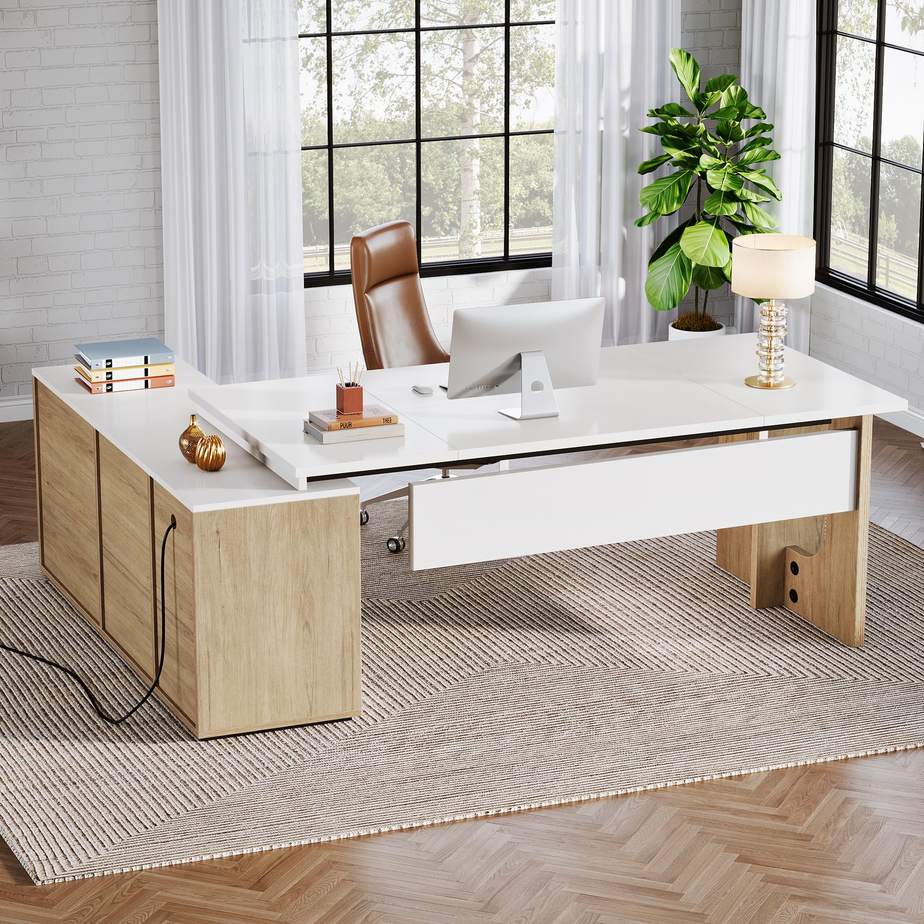 74.8" Executive Desk, Large Office Desk with Cabinet, L Shaped Computer Desk