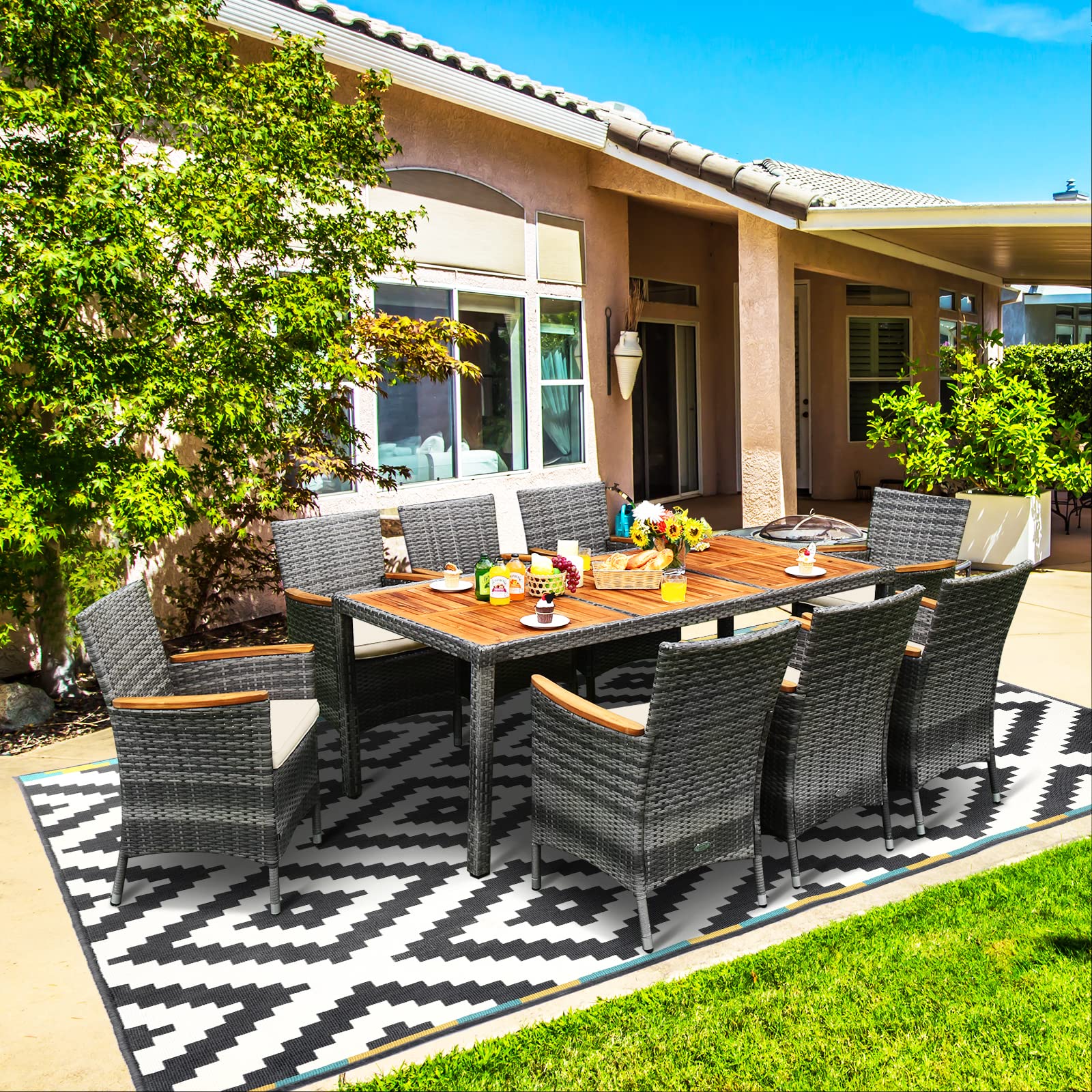 9PCS Patio Rattan Dining Set Acacia Wood Table Cushioned Chair Mix Gray