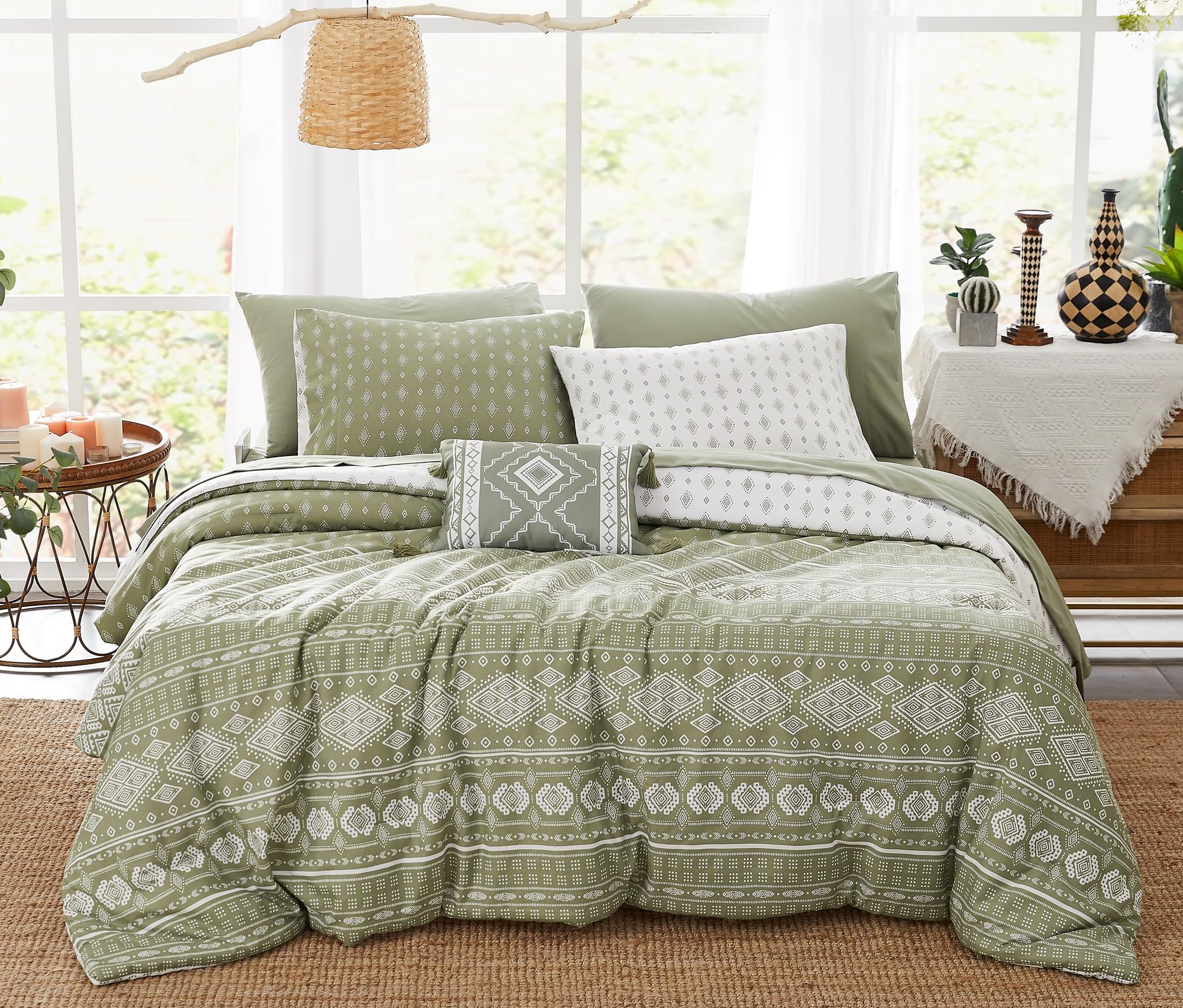 Geniospin Olive Green Queen Comforter Set 8 Piece, Reversible Boho Comforters Queen, All Season Comfortable Bedding Set