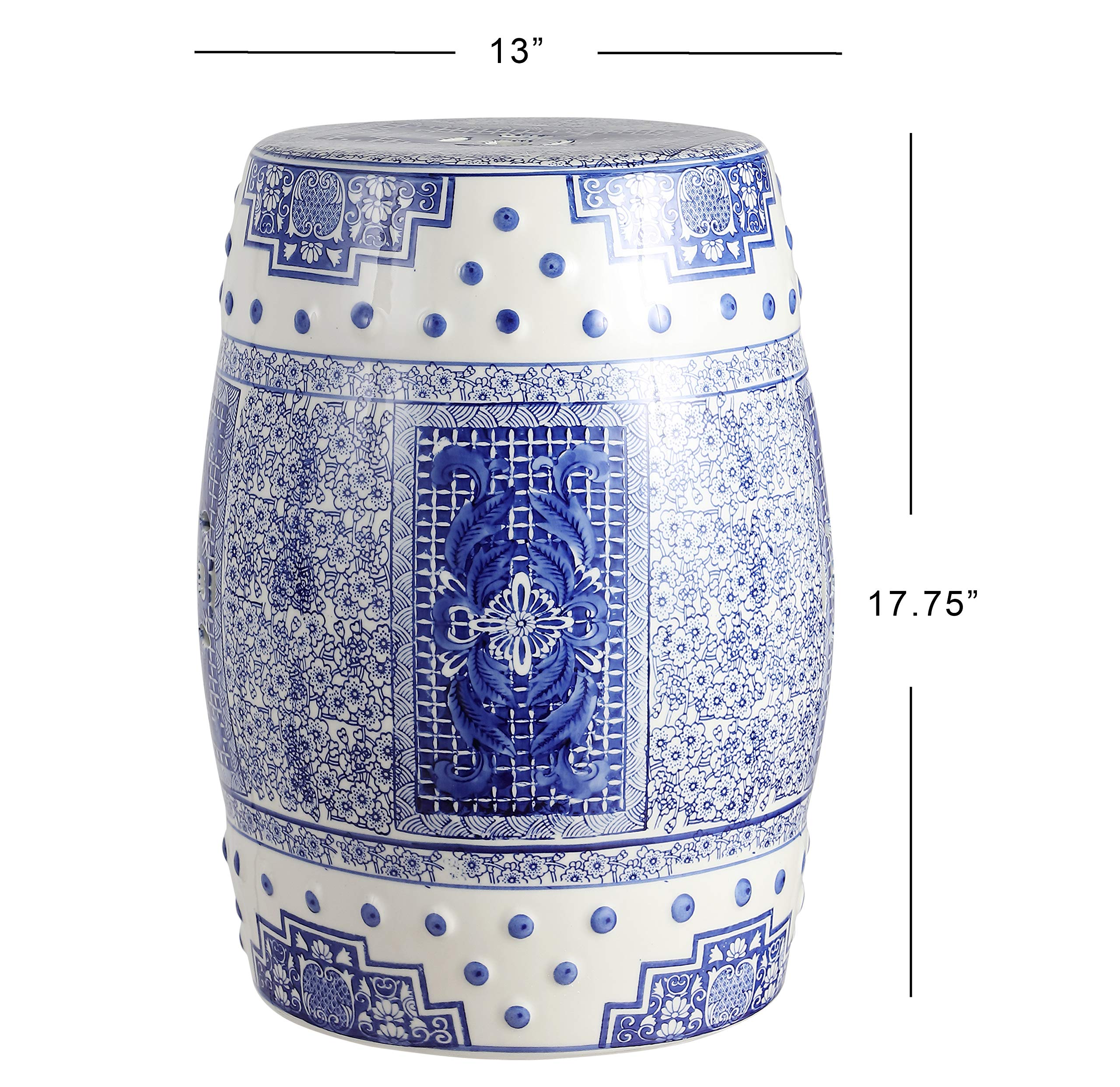 TBL1003A Acanthus 17.8" Chinoiserie Ceramic Drum Garden Stool, Bohemian, Coastal, Classic, Cottage, French Country,