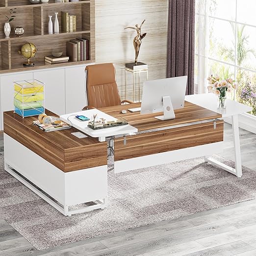 74.8” Executive Desk and 55” Lateral File Cabinet, Large L-Shaped Computer Desk