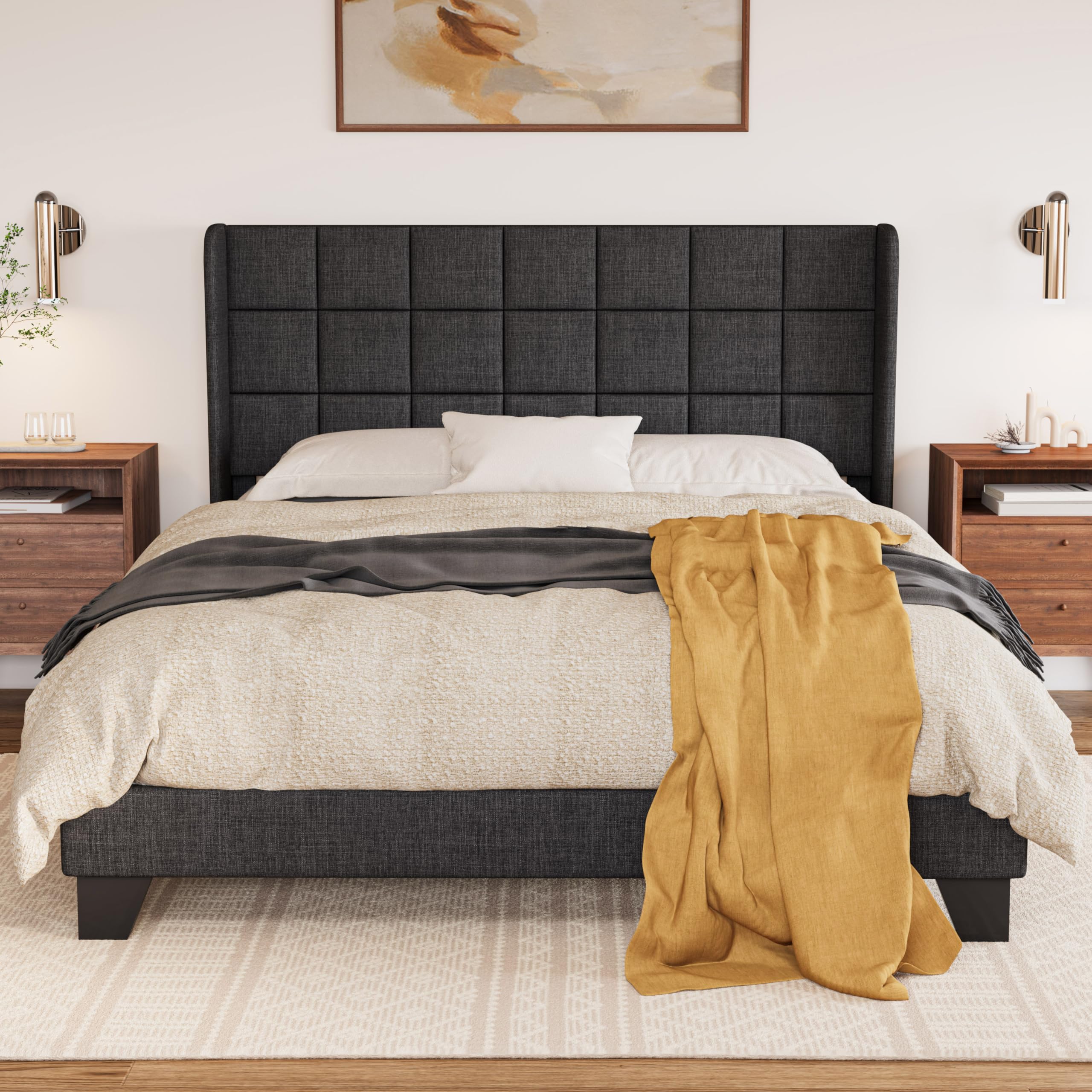 Queen Upholstered Bed Frame with Square Tufted Headboard and 5.5" Wingback