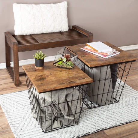 End Tables Set of 2 - Nesting Tables with Removable Wood Tops and Metal Basket Bases