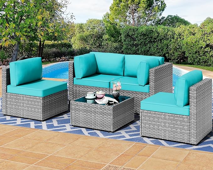 7 Pieces Outdoor Patio Sectional Sofa Couch, Silver Gray PE Wicker Furniture Conversation Sets