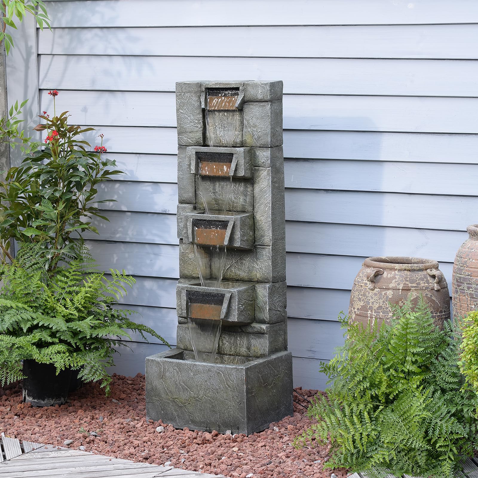 41" Tall Outdoor Water Fountain – Modern Cascading Waterfall with Lights, 4-Tier Outdoor