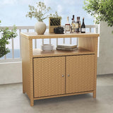 Outdoor Storage Cabinet with Walnut Wood Tabletop Weatherproof Wicker Buffet Cabinet