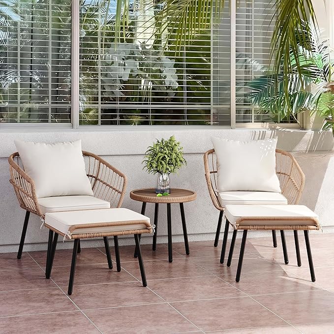 2-Piece Outdoor Wicker Ottoman, All-Weather Patio Rattan Foot Rest
