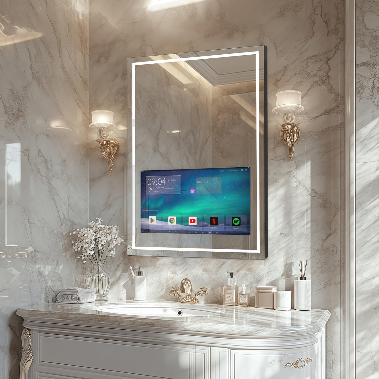 24x32 Inch Smart Bathroom Vanity Mirror with Touch Screen & LED Lighting