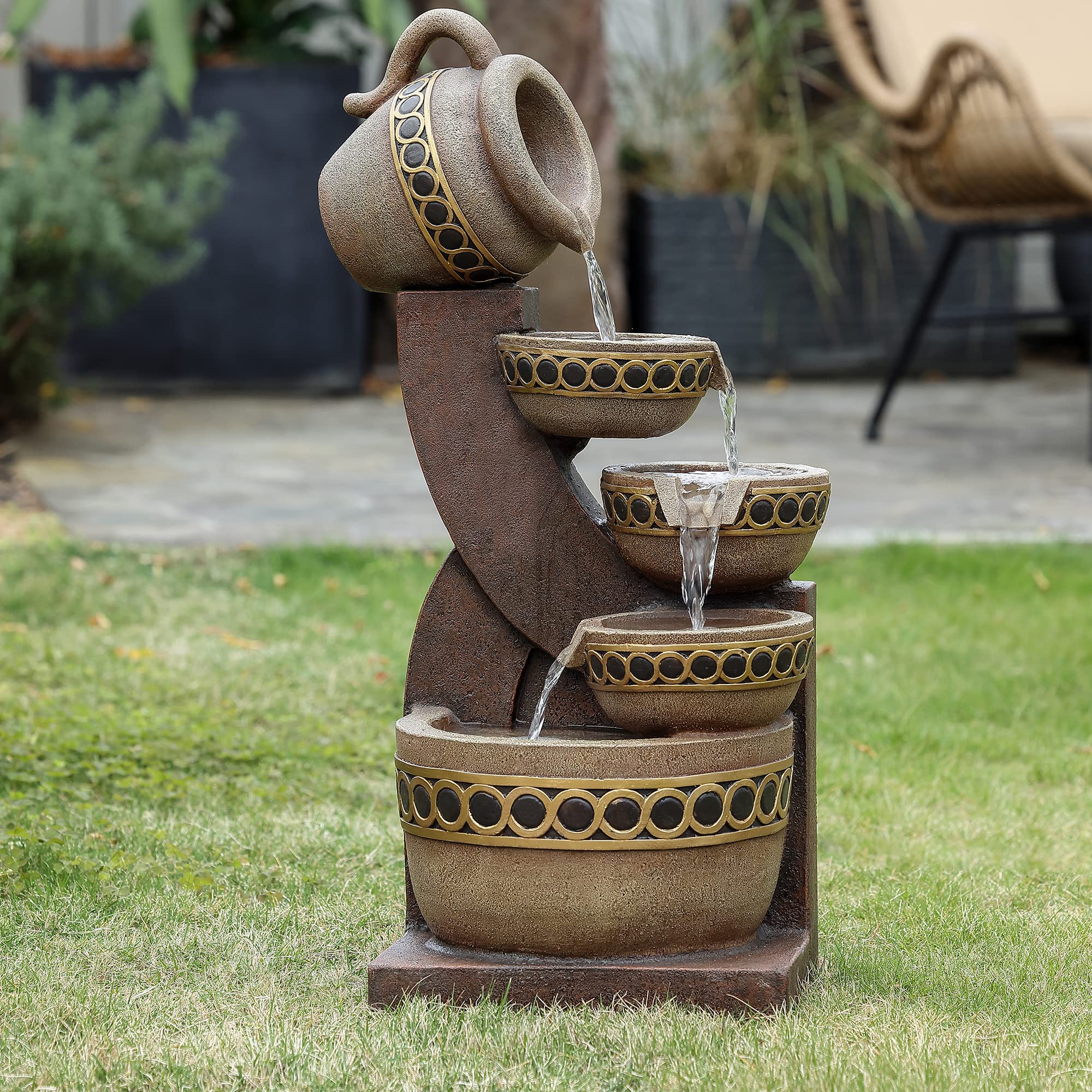 Outdoor Water Fountain, 5 Tiered Polyresin Cascading Pitchers Outdoor Fountains