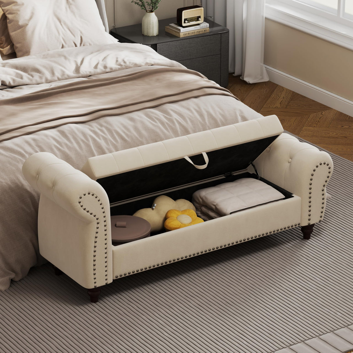 Storage Bench for Bedroom,64.5 inch Length End of Bed Bench with