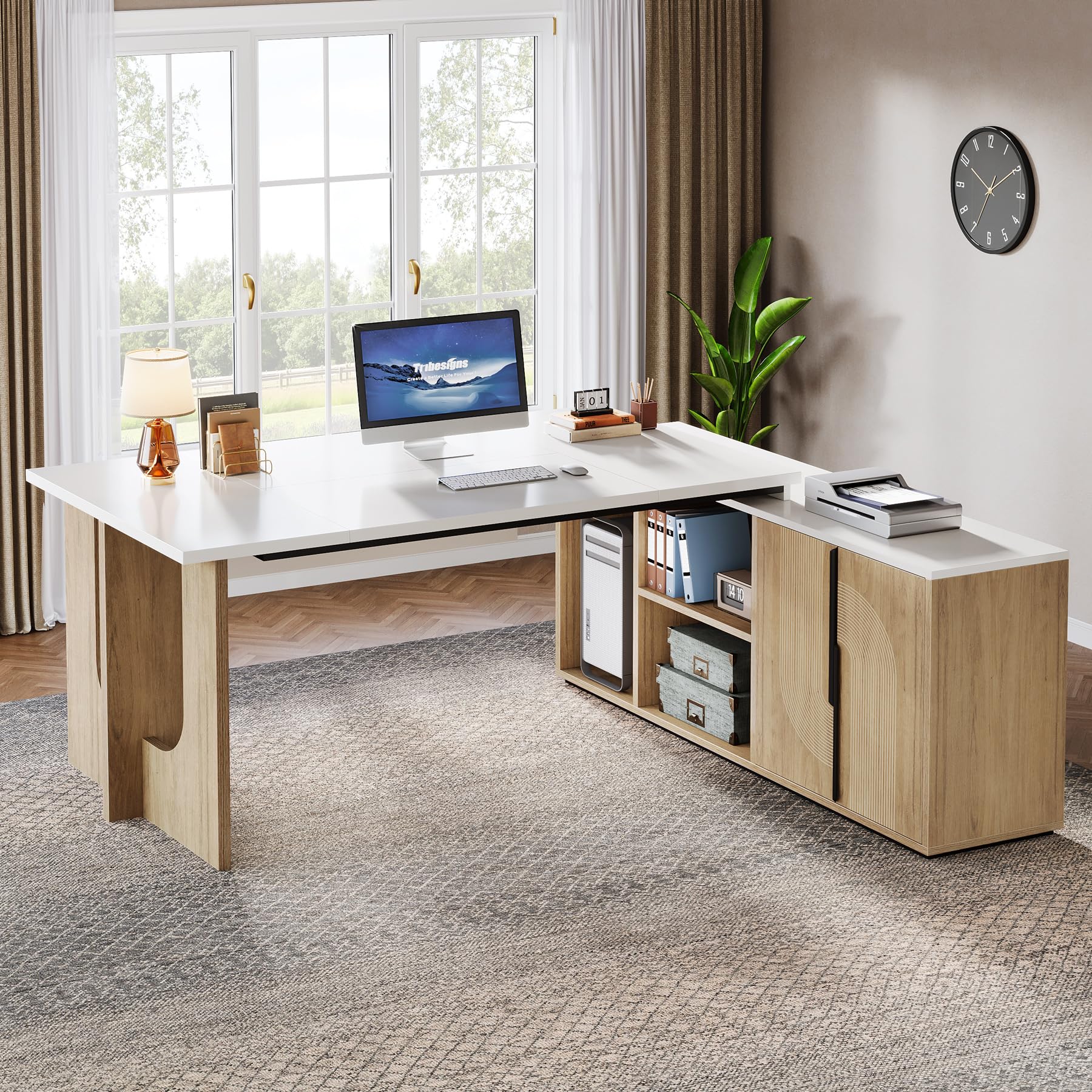 74.8" Executive Desk, Large Office Desk with Cabinet, L Shaped Computer Desk
