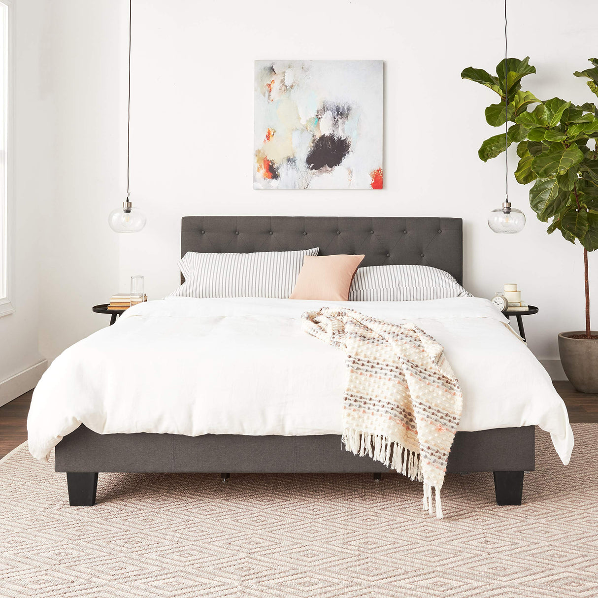 Furniture of America Roy Fabric Platform Bed with Button Tufted Headboard Design, California King, Gray