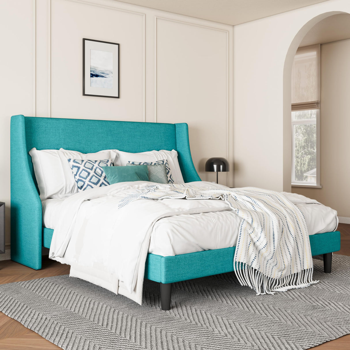 Upholstered Bed Frame Queen Size with Streamlined Wingback Headboard, Breathable