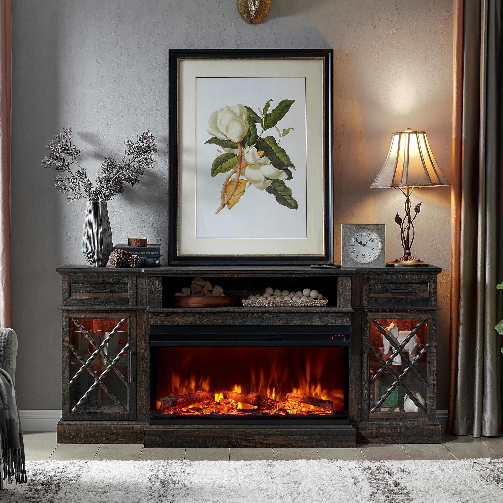 70'' TV Stand with 36'' Electric Fireplace, Media Entertainment Center for TVs Up to 80'',