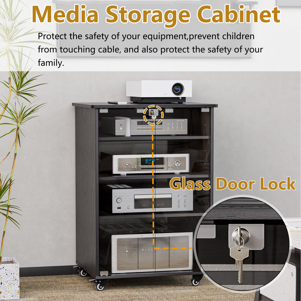 Media Storage Cabinet, Audio Video Media Stand Cabinet with 4 Shelves Height