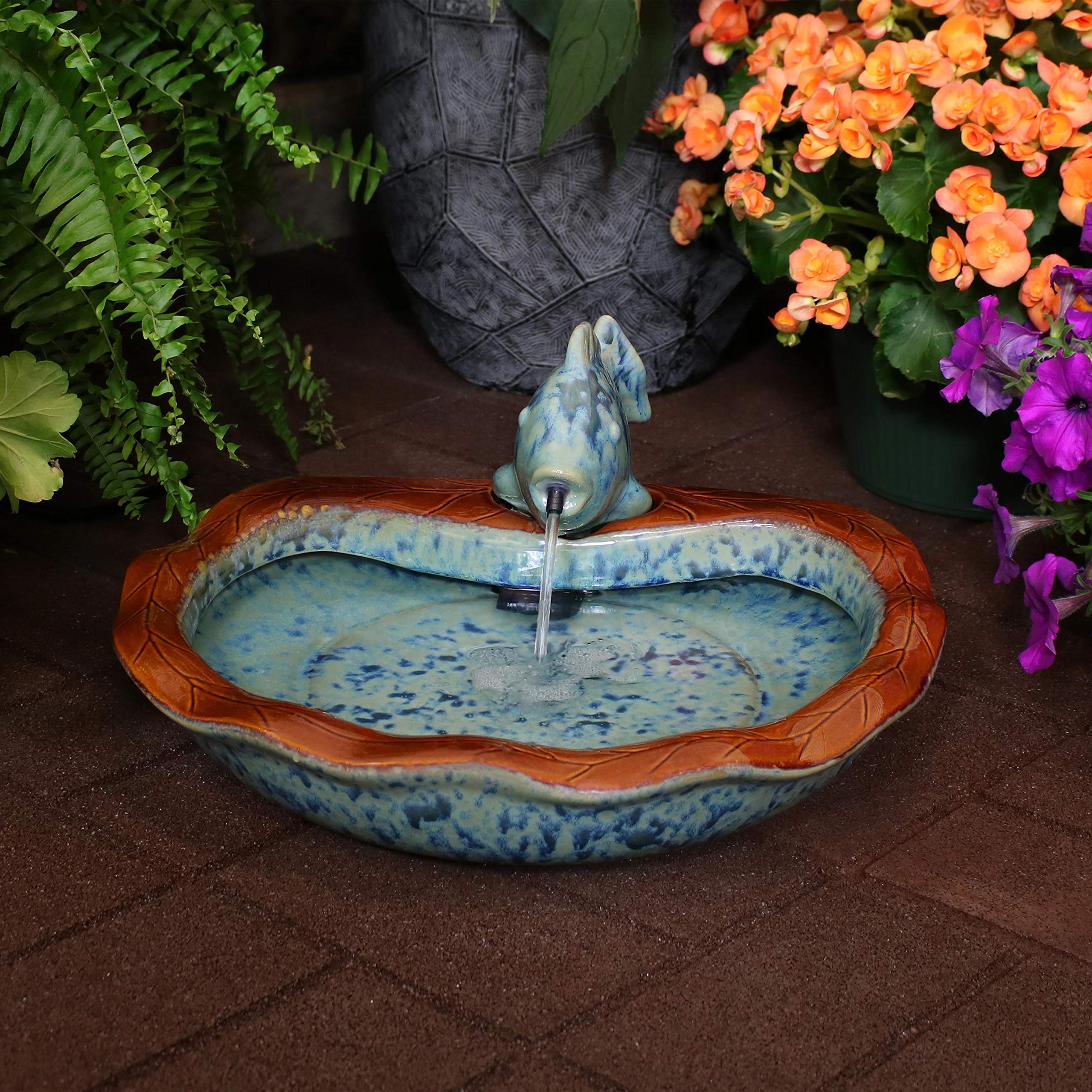 Glazed Ceramic Fish 7-Inch Outdoor Garden Fountain - Outdoor Tabletop Fountain for Patio