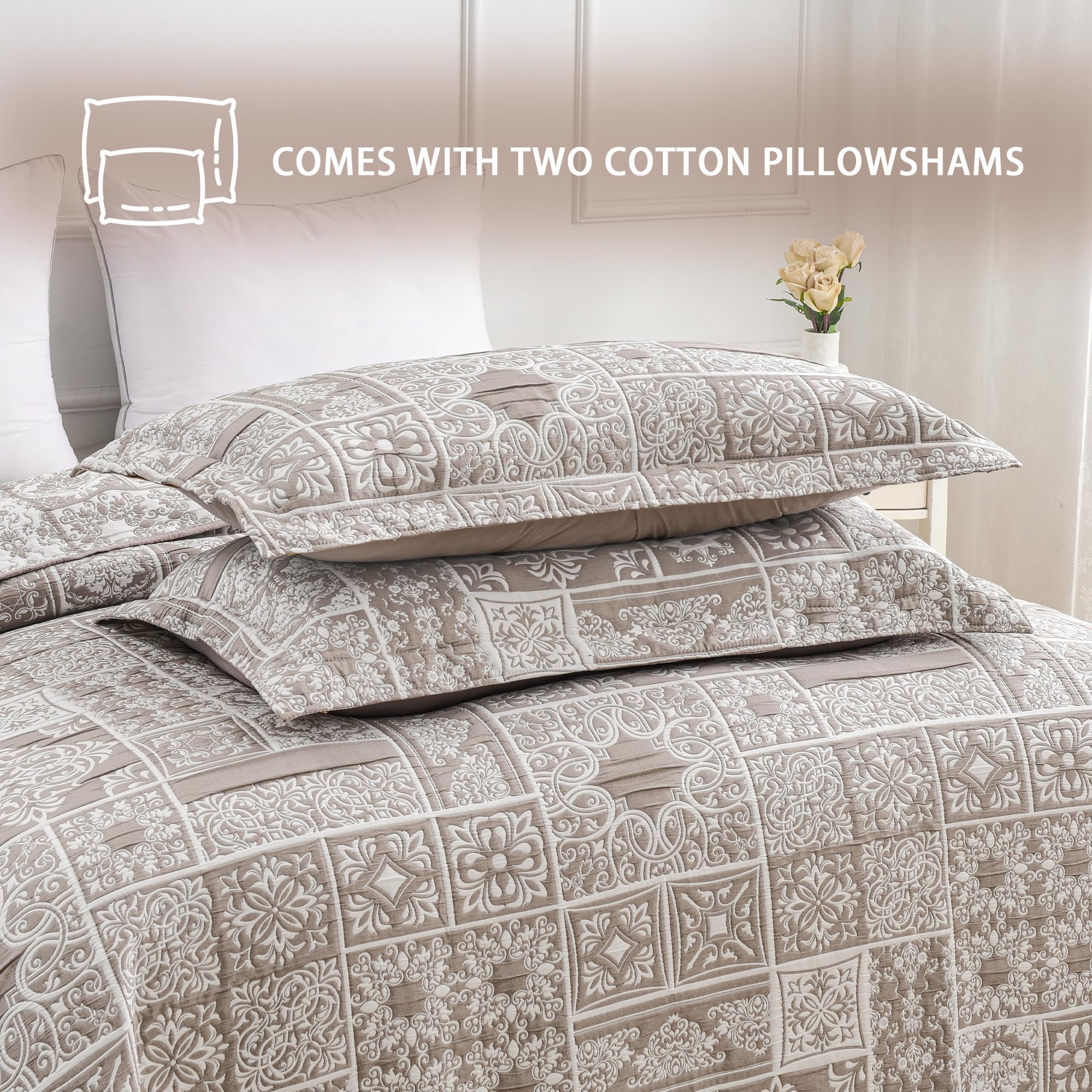 Asuexpect 3 Piece Patchwork Quilt Sets King Size, Boho Reversible Jacquard Quilts Bedding Set for All Season, Soft Lightweight Comforter Bedspread Coverlet Set (106''x96'') with 2 Shams, Brown