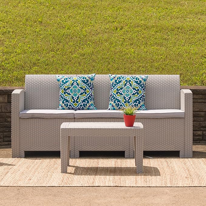 Seneca Dark Gray Faux Rattan Sofa with All-Weather Seneca Light Gray Cushions