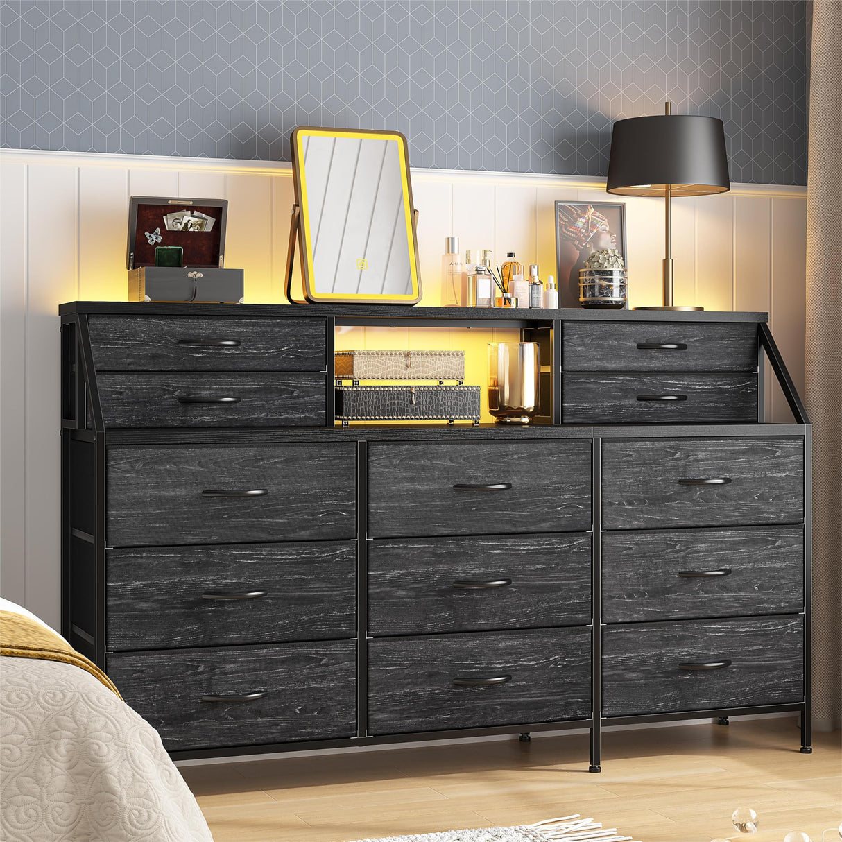 55”W Black Dresser, Dresser for Bedroom, Dresser with 13 Large Drawer