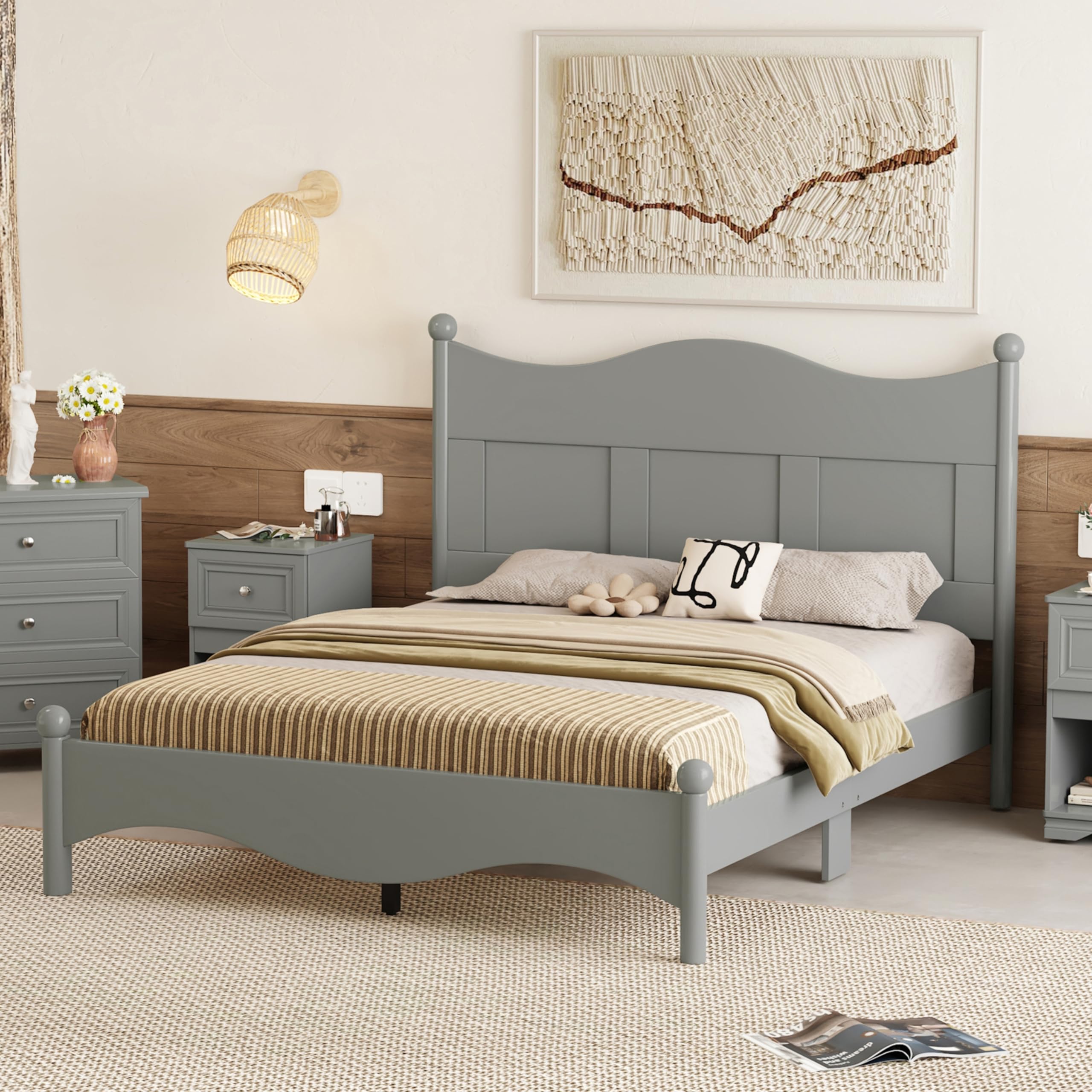 Queen Size Wood Bed, Retro Platform Bed Frame with Victorian Headboard & Footboard