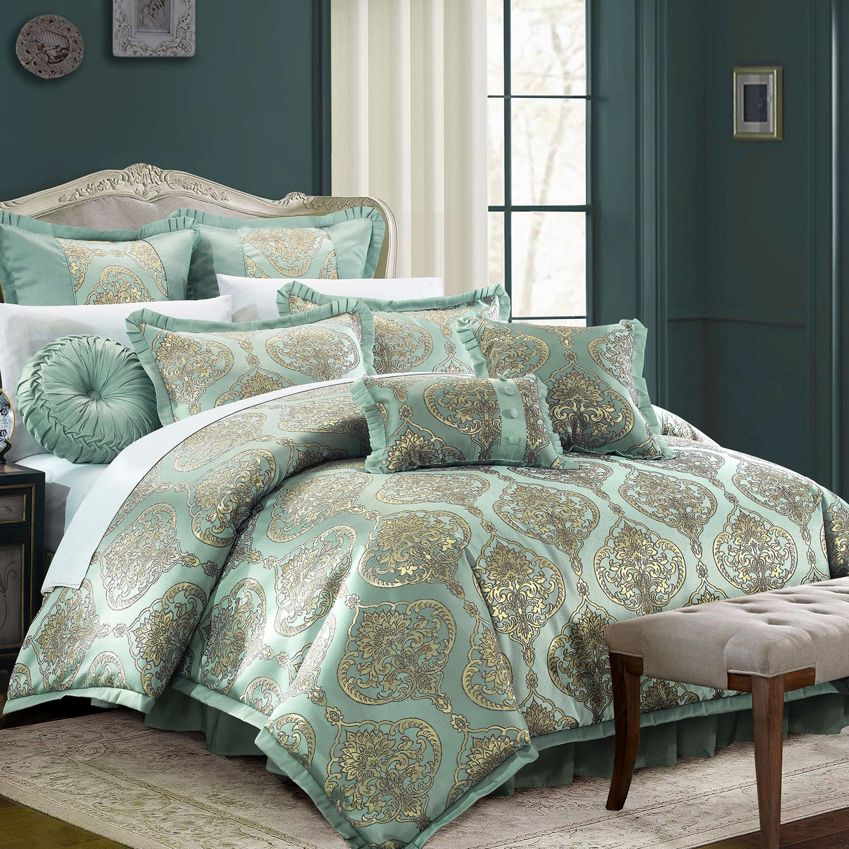 Jacquard Comforter Set Queen Size, 9 Pieces Luxurious Royal Comforter Bed in a Bag All Season (Green,Queen)