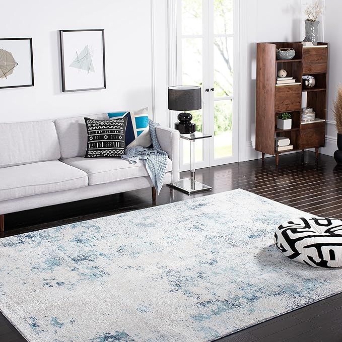 Aston Collection Area Rug - 8' x 10', Ivory & Blue, Modern Abstract Design, Non-Shedding & Easy Care,