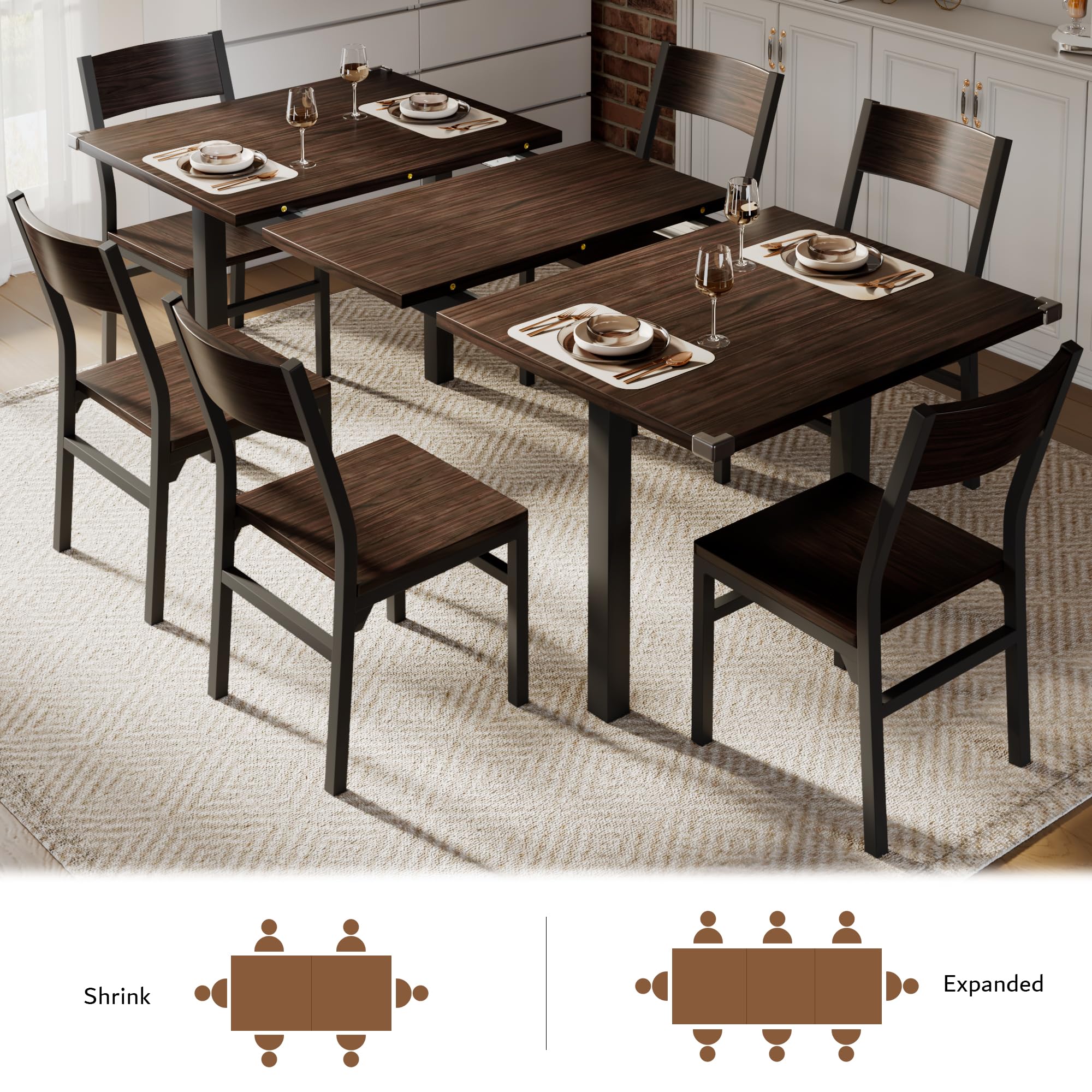 iPormis 7 Pieces Dining Table & Chairs Set for 4-6, 63" Extendable Kitchen Table and 6 Chairs, Dining Room Table with MDF Board & Metal Frame, Perfect for Small Space, Easy Clean, Espresso