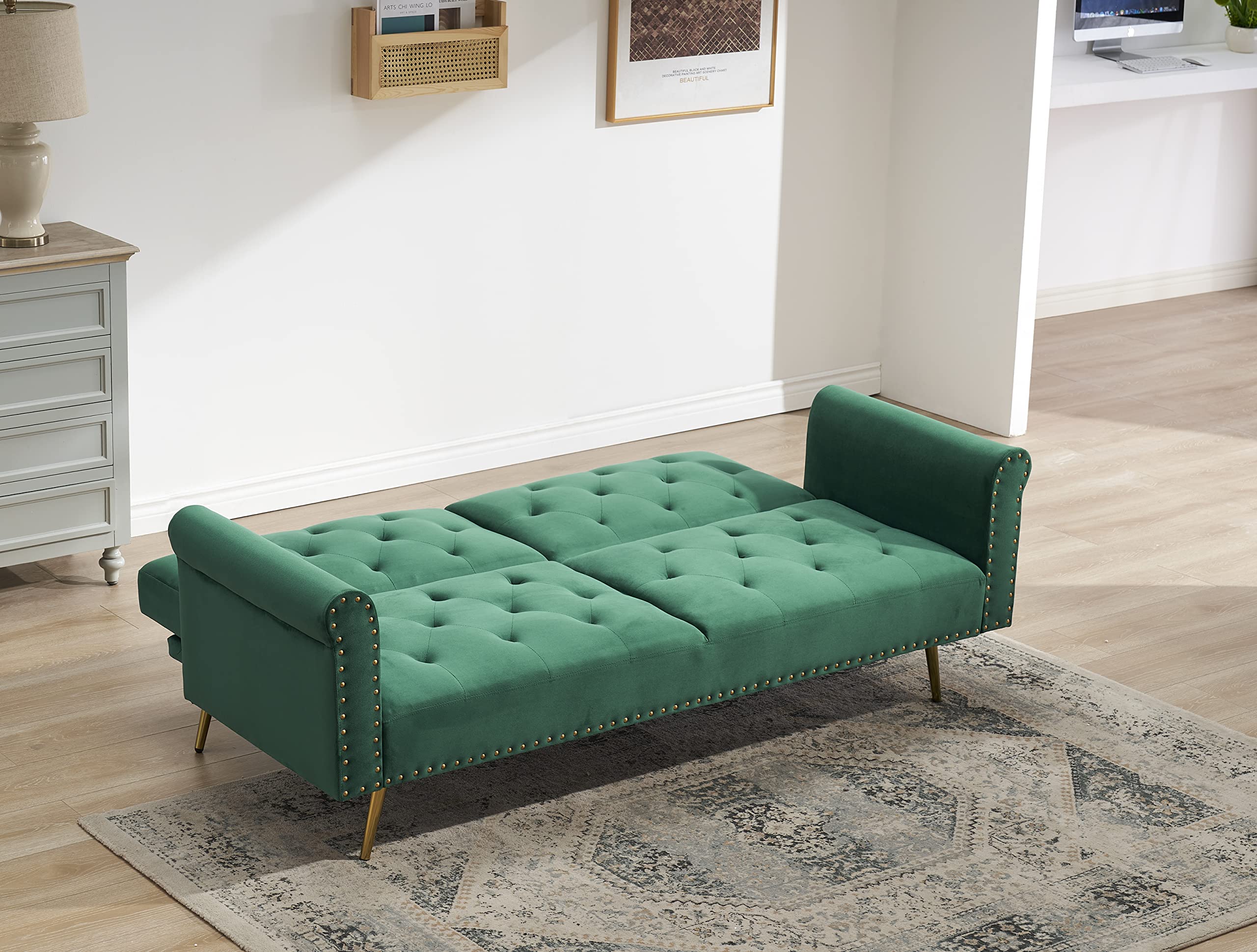 Velvet Futon Sofa Bed with 5 Golden Metal Legs, 2 Seater Loveseat Sleeper Couch with Nail Head Trim and Two Pillows, Convertible Sofa & Couches for Living Room and Bedroom,Small Space