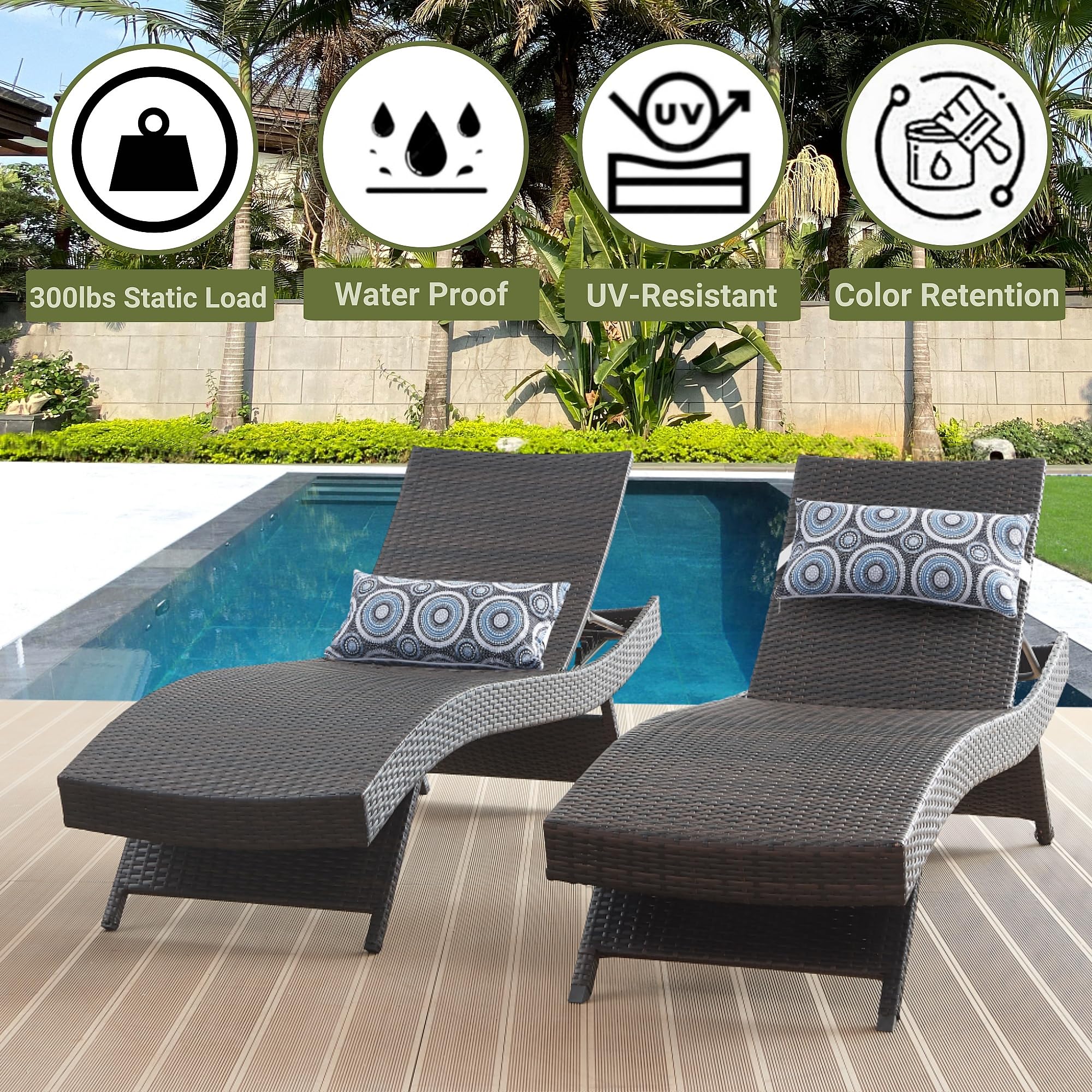 Long Reclining Chair Set of 2 with Cushions, Chaise Lounge Wicker Reclining Lounge Chair