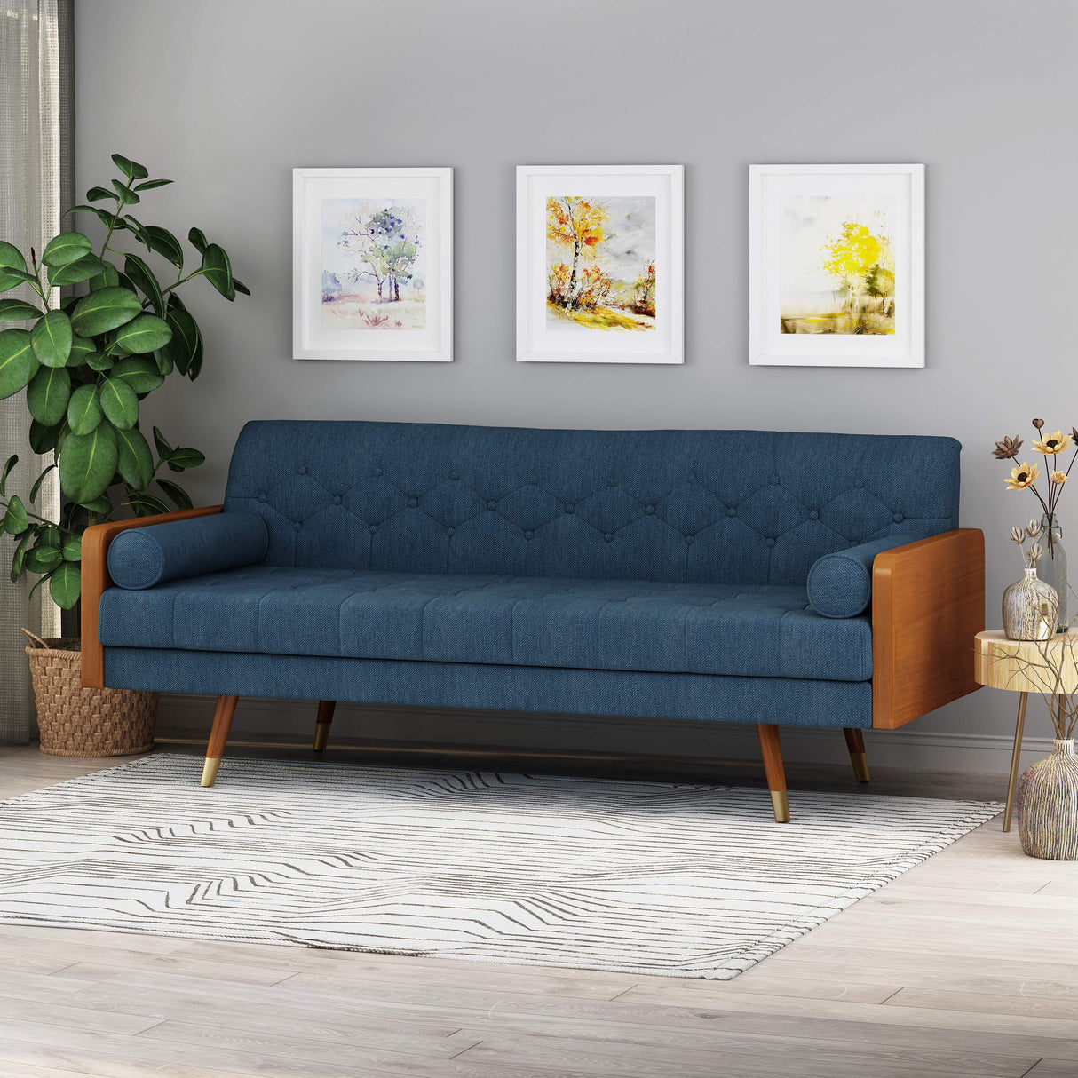 Mid-Century Modern Tufted Fabric Sofa, Navy Blue and Dark Walnut