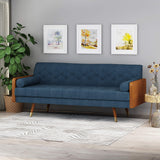 Mid-Century Modern Tufted Fabric Sofa, Navy Blue and Dark Walnut